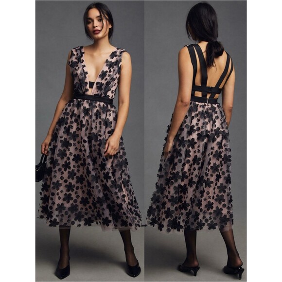 Anthropologie Dresses & Skirts - Anthropologie Strappy Floral Floral Appliqúe Tulle Midi Dress | Black /Blush | 0